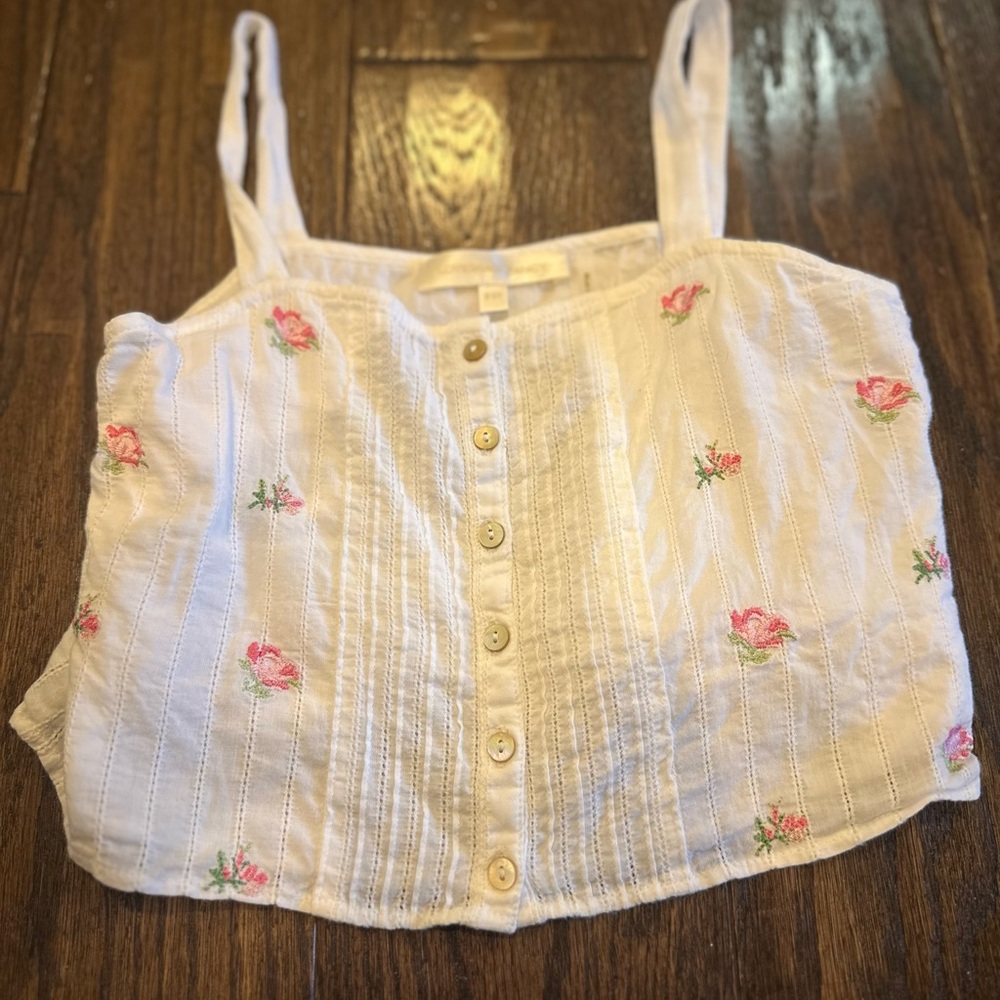 LoveShackFancy White Floral Button-Up Crop Top